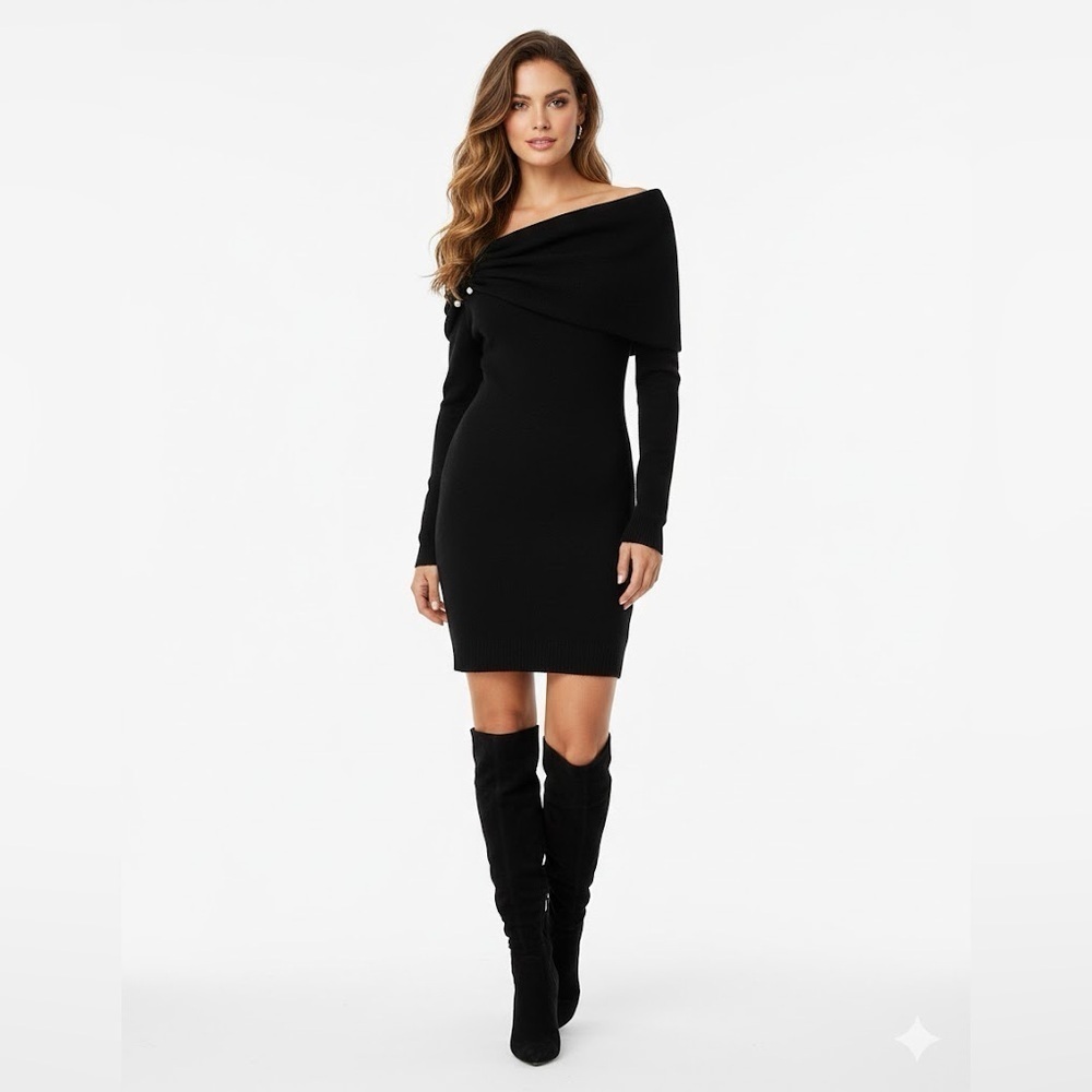 Zara Draped Knit Mini Black Dress With Metal Off The Shoulder